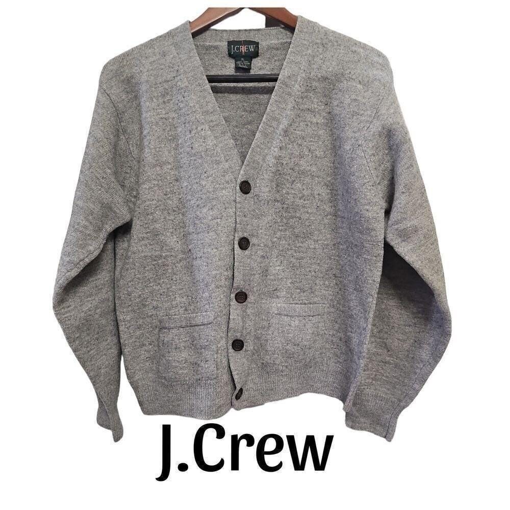 J.Crew Men's Wool Cardigan Sweater Grey with Embroidered Details Vintage  90s XL
